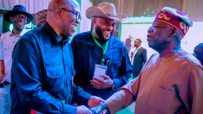 Tinubu shaking hands with Obi