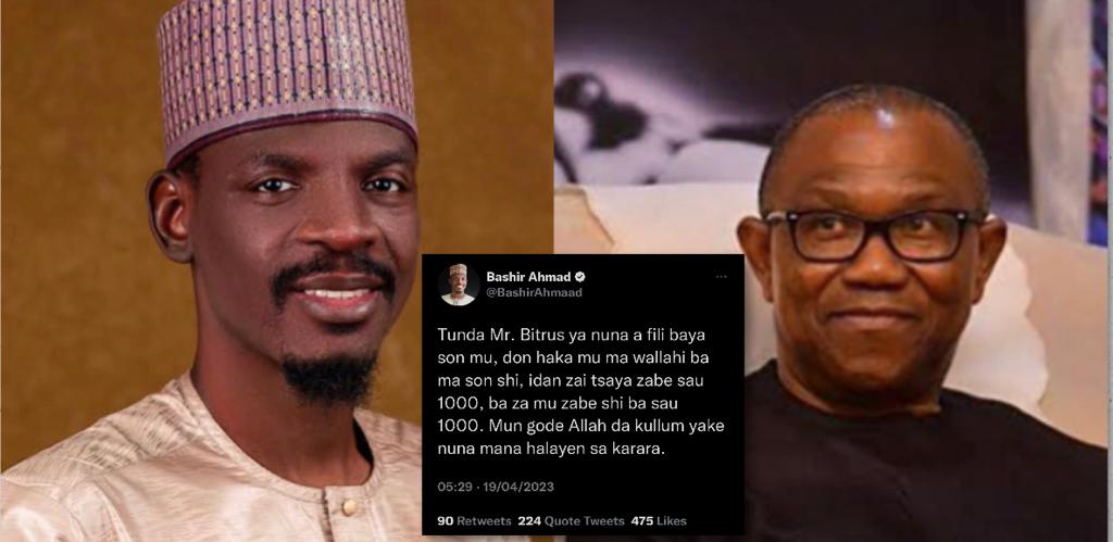 Bashir Ahamd, Peter Obi and screenshot of the tweet