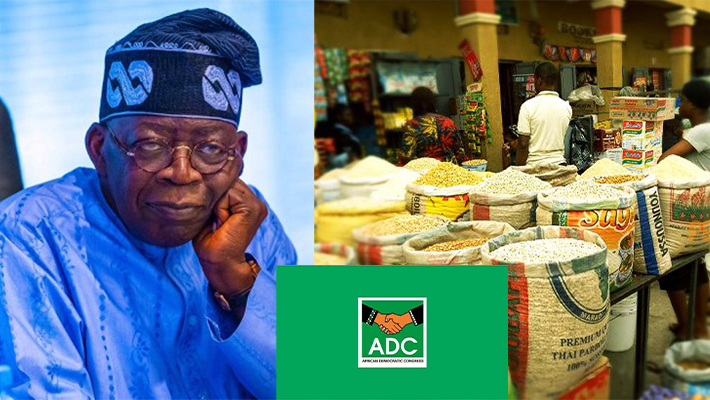 ADC logo/President Bola Tinubu/Food items in the market