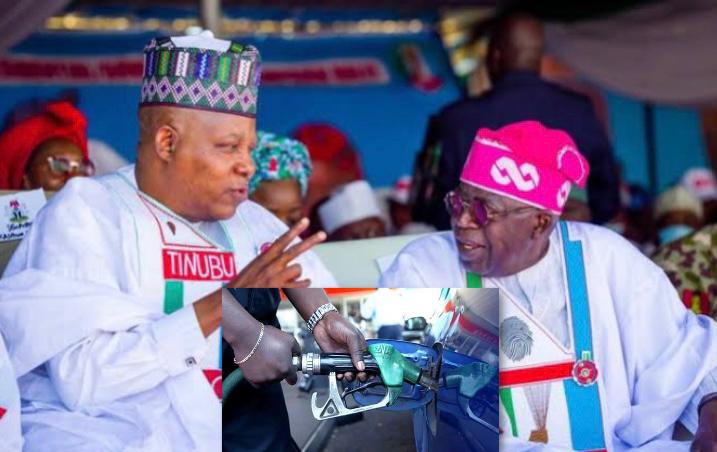 Vice-President Kashim Shettima , President Bola Tinubu and fuel pump