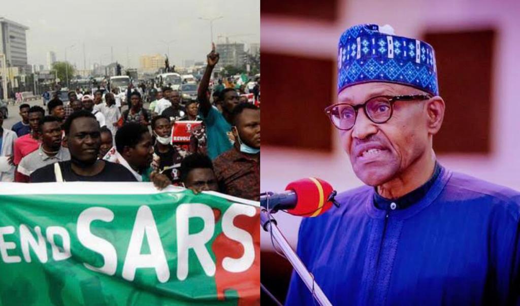 A composite of #EndSARS protesters and Buhari used to illustrate the story.