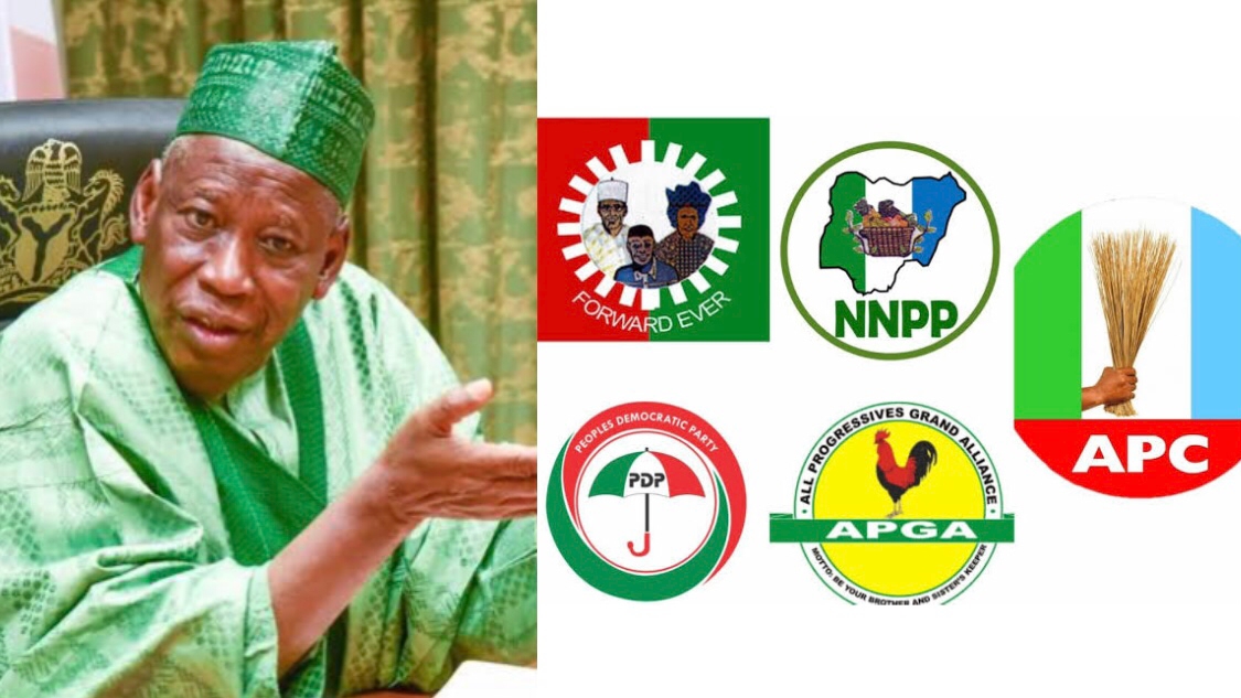 Governor Abdullahi Ganduje and political party logos used to illustrate the story