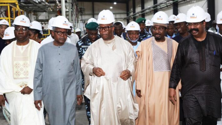 Senate Leader, Senator Opeyemi Bamidele; President/CE, Dangote Industries Limited, Aliko Dangote; Senate President, Senator Godswill Akpabio; Deputy Senate President, Senator Barau Jibrin; Vice President, Oil & Gas, Dangote Industries Limited, Devakumar Edwin during the visit of National Assembly leadership to Commission the Completely Knocked Down (CKD) Plant of Dangote Sinotruk West Africa Limited, at Ikeja, Lagos.