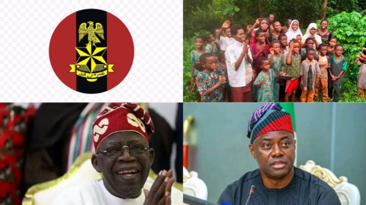 The released Oyo hostages, Nigerian Army logo, Tinubu and Makinde