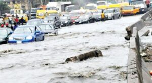 Traffic gridlock on a flooded Lagos road