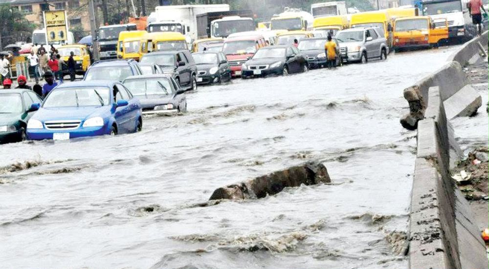 Traffic gridlock on a flooded Lagos road