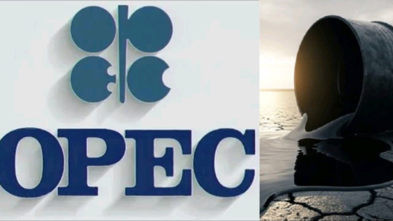 OPEC logo and a flow of crude oil.