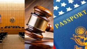 A U.S. Court, a gavel and U.S. passport.