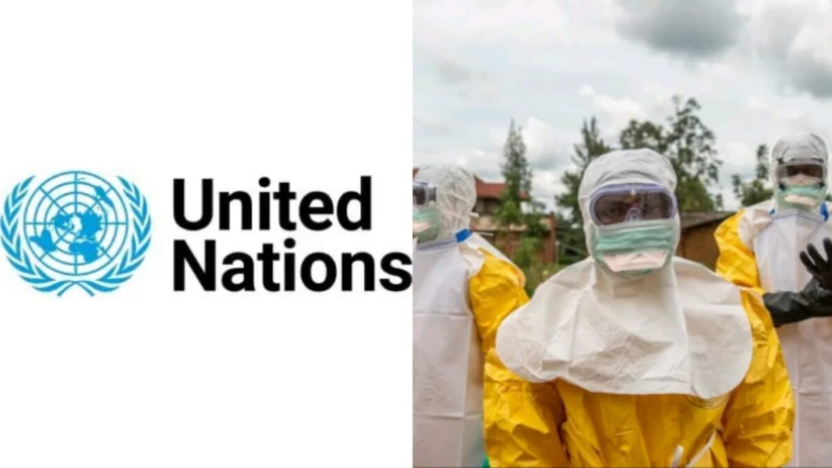 United Nations logo and health workers fighting Ebola in DR Congo.