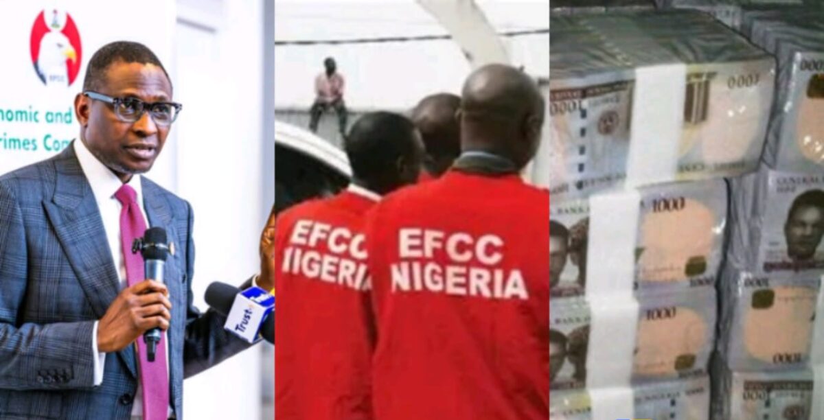 Olukoyede with EFCC agents, stash of naira