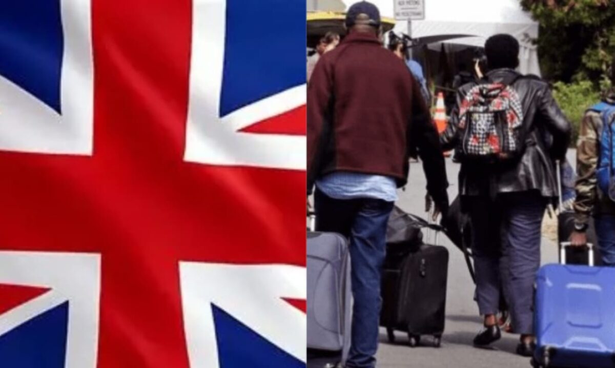 UK flag and Nigerian students going to the UK