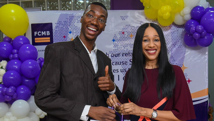 Divisional Head, Corporate Services & Service Management, Felicia Obozuwa, pictured with comedian and actor, Isaac Olayiwola (Layi Wasabi), at the Ikeja GRA Branch of the Bank in Lagos.