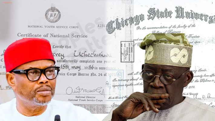 A composite of Tinubu and Nnaji with their forged certificates