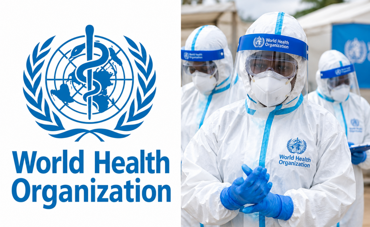 WHO logo and health officers on PPE