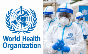 WHO logo and health officers on PPE