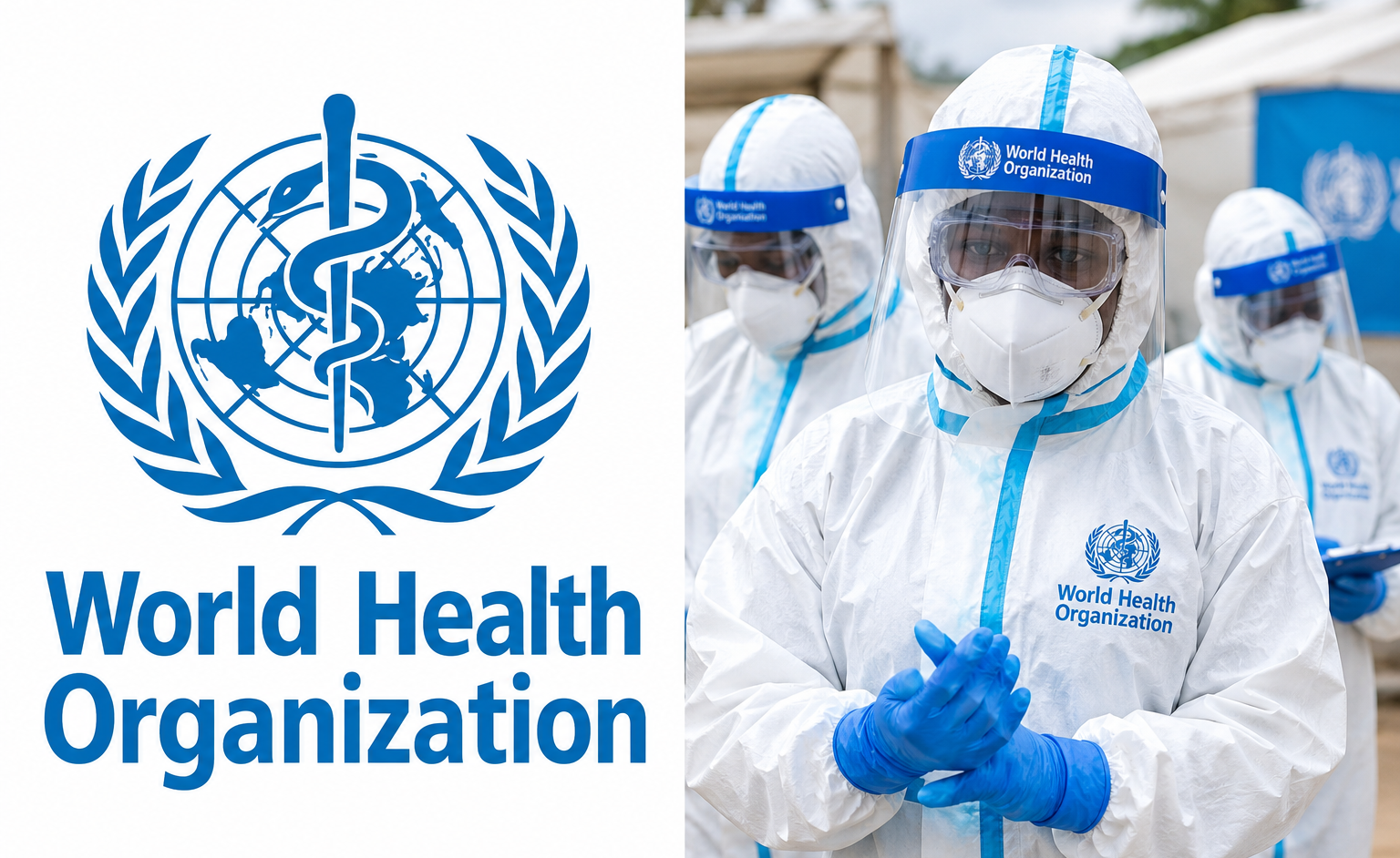 WHO logo and health officers on PPE