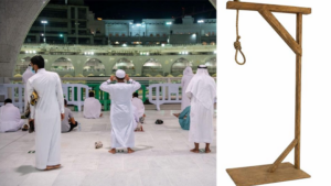 Muslims praying inside Saudi mosque, hangman’s noose