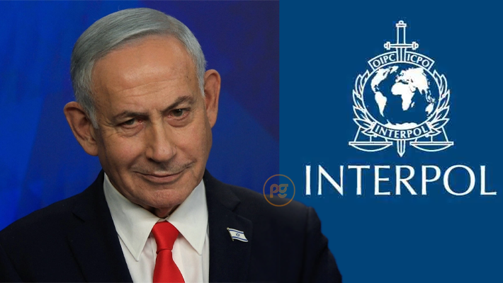 Prime Minister Benjamin Netanyahu and INTERPOL logo