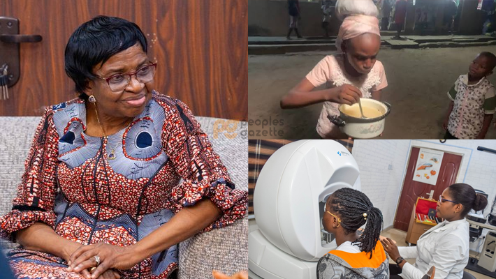 Professor Mojisola Christianah Adeyeye, Children drinking garri, ophthalmologist checking a student's eye