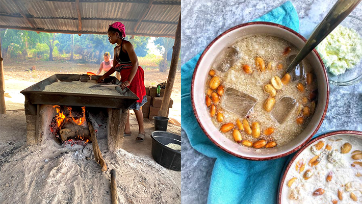 Woman roasting garri and a bowl of garri