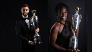Manchester United’s captain Bruno Fernandes and Manchester City’s Khadija Shaw