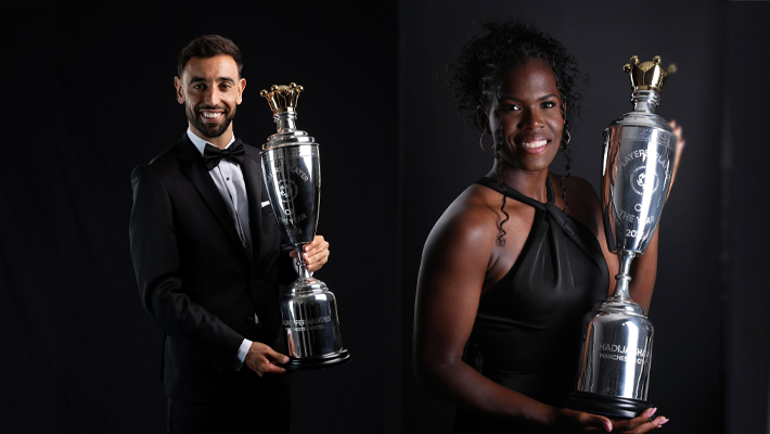 Manchester United’s captain Bruno Fernandes and Manchester City’s Khadija Shaw
