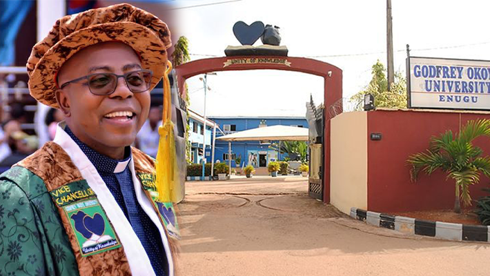 Vice Chancellor of the university, Rev. Fr. Christian Anieke and varsity gate