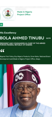 President Bola Tinubu and a coat of arms with "Made in Nigeria" text
