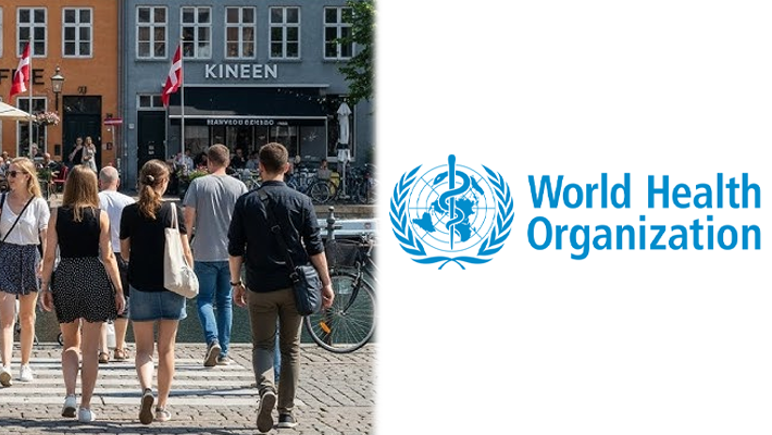 People walking in Denmark and WHO logo