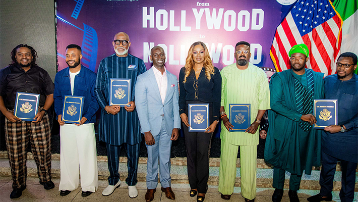 (L-R) Emmy award-winning visual development artist Uzoma Dunkwu; award-winning producer and Global Media Makers alumnus Josh Olaoluwa; celebrated actor and International Visitor Leadership Program (IVLP) alumnus Richard Mofe-Damijo; U.S. Consul General Brandon Hudspeth; Chioma Ude, Founder and Executive Director of the Africa International Film Festival (AFRIFF); award-winning filmmaker Kunle Afolayan; and Olugbenga Jacobs and Olusoji Jacobs, sons of the late veteran actor Olu Jacobs, during the "Reel Connections from Hollywood to Nollywood" creative industries reception in Lagos.
