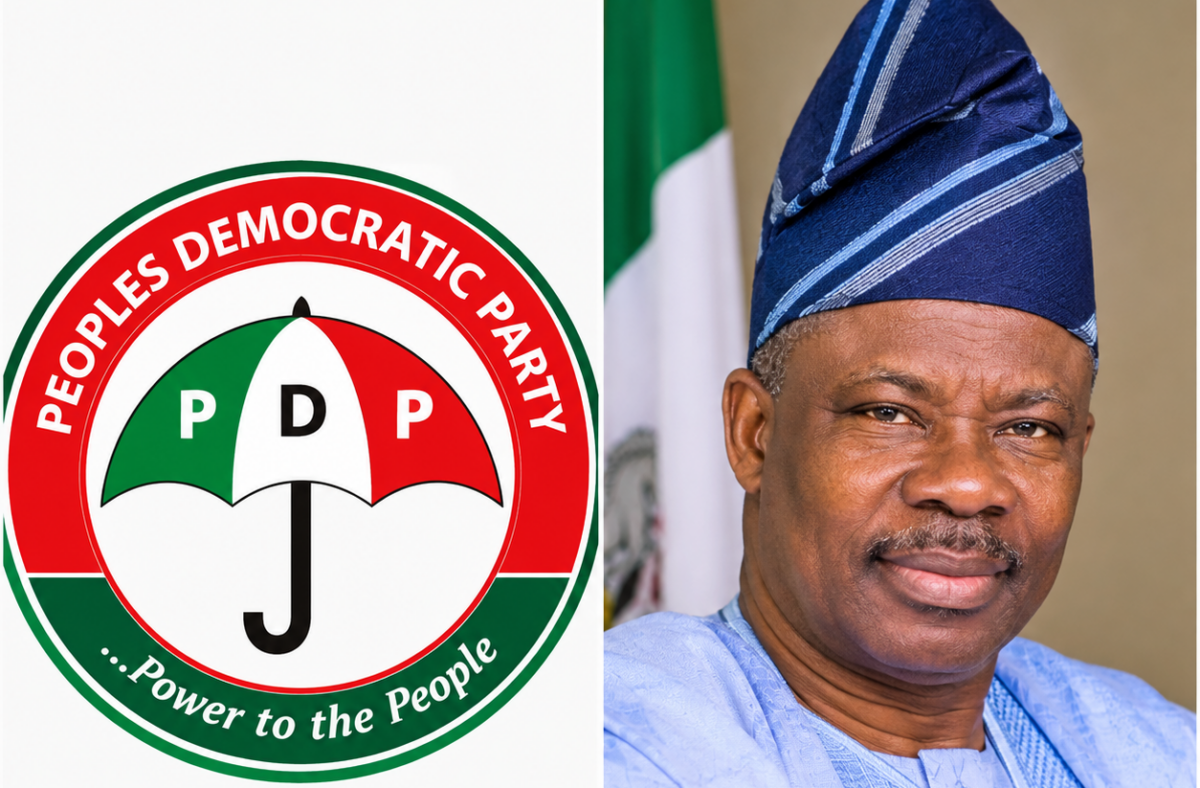 PDP logo and Ibikunle Amosun.