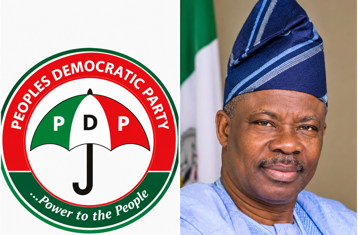 PDP logo and Ibikunle Amosun.