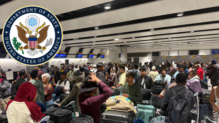 Department of State logo and travellers waiting in an airport lobby