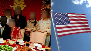 The Chinese nationals [Credit: Department of Justice via abc7NY] and U.S.flag.