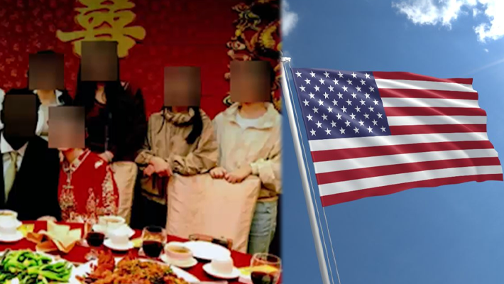 The Chinese nationals [Credit: Department of Justice via abc7NY] and U.S.flag.