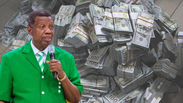 Pastor Adeboye addressing his congregants; stash of dollars