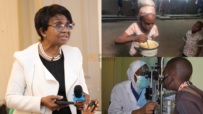 Professor Mojisola Christianah Adeyeye, Children drinking garri, ophthalmologist checking a student's eye