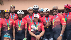 princess Damilola Sonayon-James with some officials of Tour d’Afrique cyclists in Badagry, Lagos.