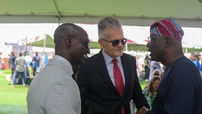 (L-R): U.S. Consul General Brandon Hudspeth, U.S. Deputy Assistant Secretary of State for West Africa and for Public Diplomacy Richard Michaels, and Lagos State Governor Babajide Sanwo-Olu during the Topping Off Ceremony of the New Consulate Compound at Eko Atlantic City in Lagos.