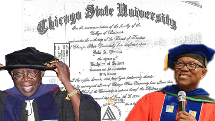 Tinubu in academic gown with certificate backdrop; Obi in academic gown