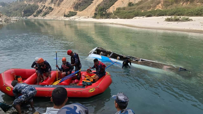Bus inside river