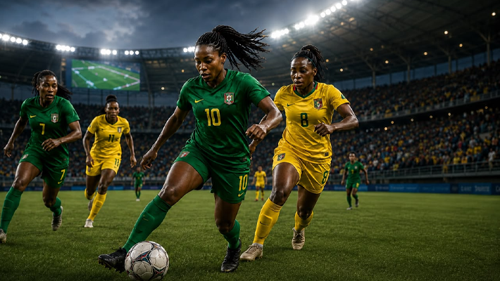 Women’s football players competing intensely.