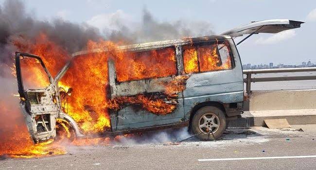 Photo of a bus in flames used to illustrate this story