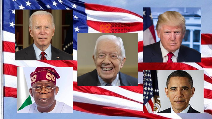 Presidents Joe Biden, Donald Trump, Jimmy Carter, Bola Tinubu, Barack Obama