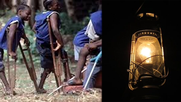 Lantern in darkness; child with polio