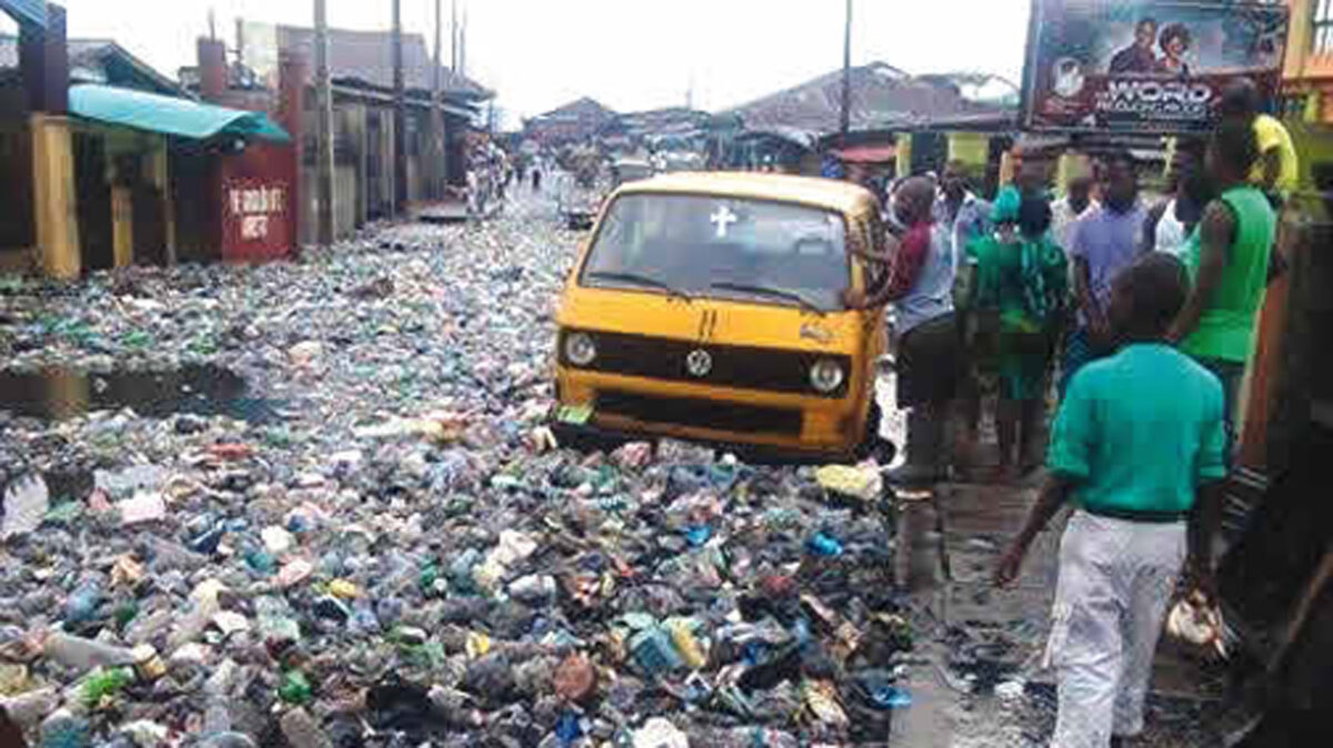 Road flooded with waste