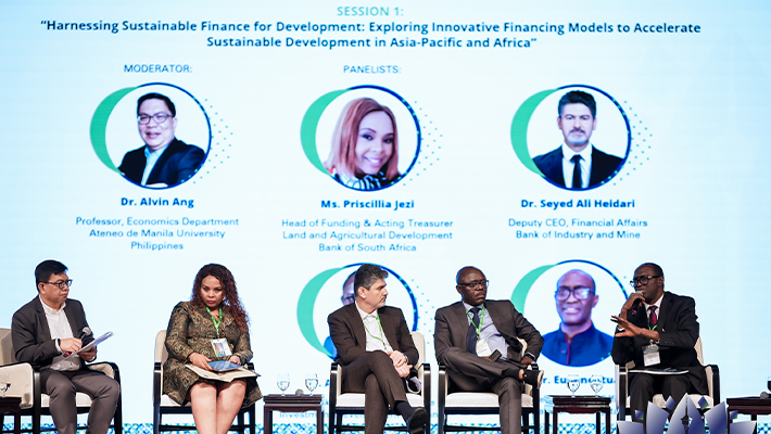 Dr. Eugene Itua speaking during the Distinguished Panelists’ Session 1: Harnessing Sustainable Finance for Development: Exploring Innovative Financing Models to Accelerate Sustainable Development in Asia-Pacific and Africa at the AADFI-ADFIAP Joint International CEO Forum 2025, held October 22–24 at the Wynn Macau Hotel in Macau SAR.