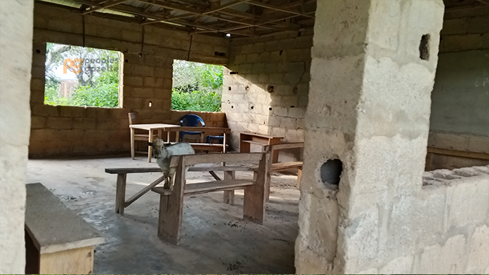 A goat standing on a chair at St Patrick Catholic School Inu Odi Okiti