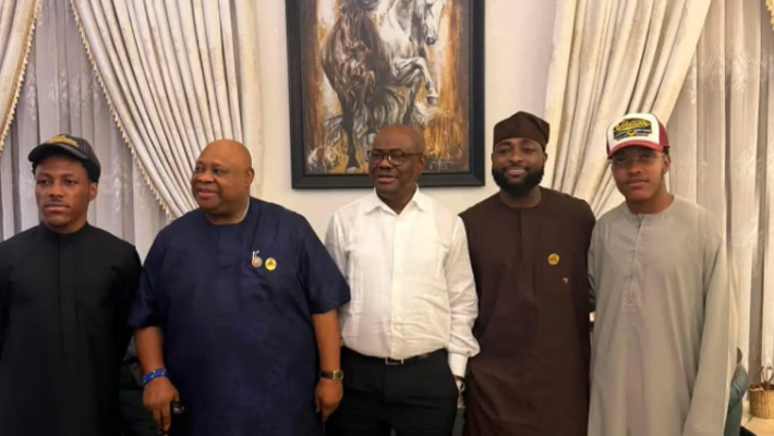 L-R: Jordan Nyesom-Wike, Osun State Governor Ademola Adeleke, FCT Minister Nyesom Wike, David Adeleke, and Joaquin Nyesom-Wike.
