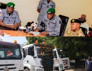 The ​‌⁠​‍‍⁠⁠‍‌‌​​​⁠⁠⁠‌​National Coordinator of Operation Whirlwind, Deputy Comptroller Abubakar Aliyu, handing over five tanker trucks conveying suspected diverted Automotive Gas Oil (diesel) to the Nigerian Midstream and Downstream Petroleum Regulatory Authority (NMDPRA) for further investigation on Friday